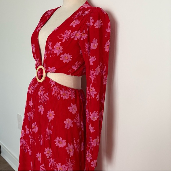 WAYF Womens Maxi Dress Size XS Red Pink Floral Long Sleeve Cutout Deep V - Picture 6 of 10